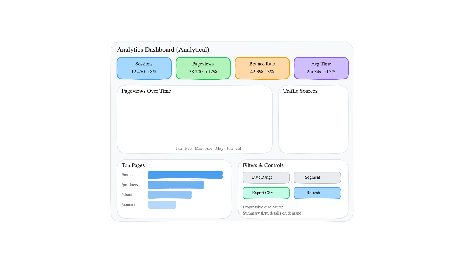 Dashboard Wireframe (Analytical) — shows KPI cards row (Sessions, Pageviews, Bounce Rate, Avg Time), a primary line chart for Pageviews Over Time, a horizontal bar chart for Top Pages, a Traffic Sources donut area, and Filters & Controls panel